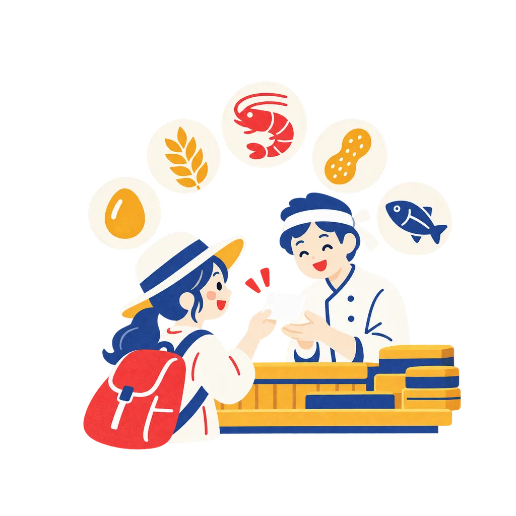 A traveler handing an allergy card to a smiling chef