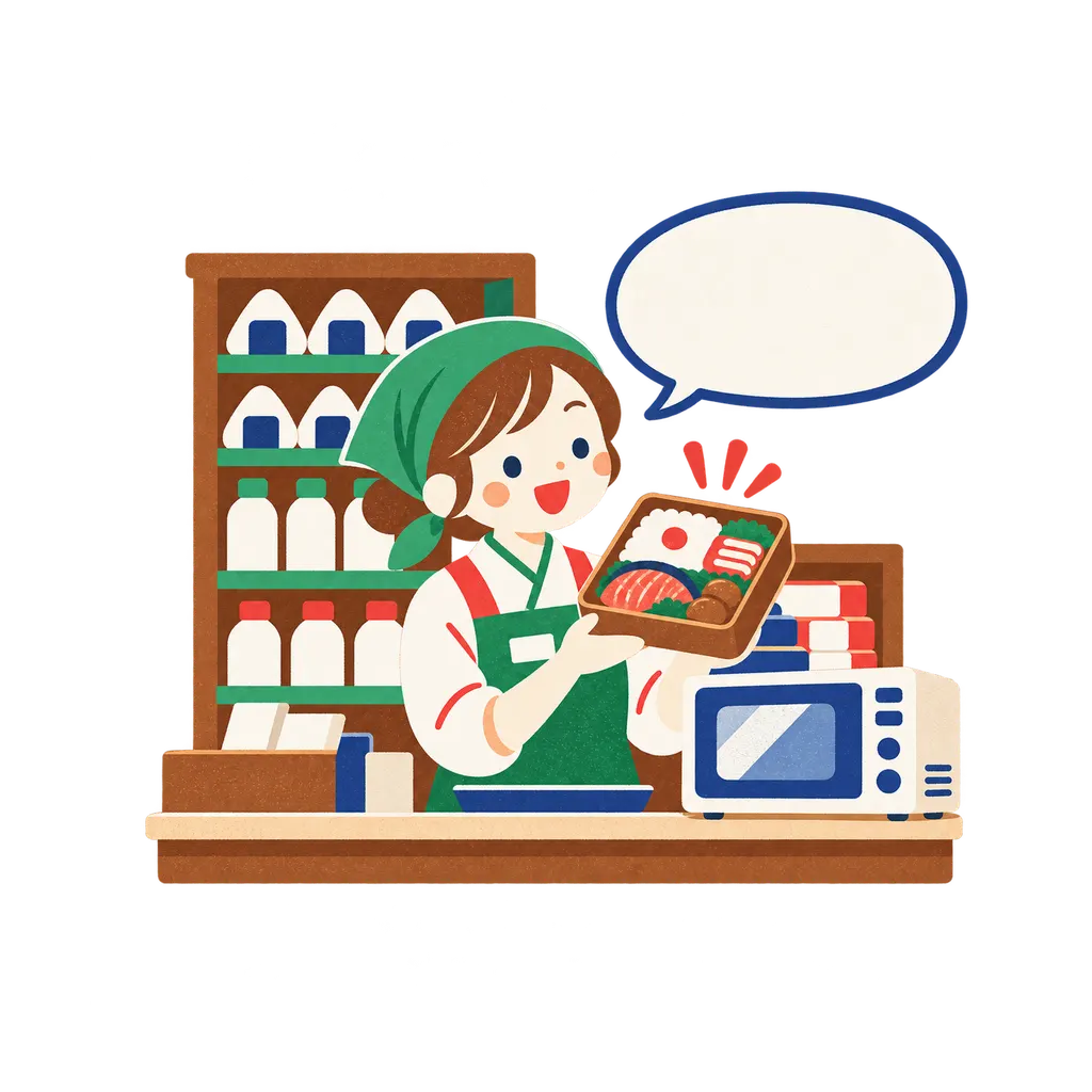 A konbini clerk holding up a bento next to the microwave