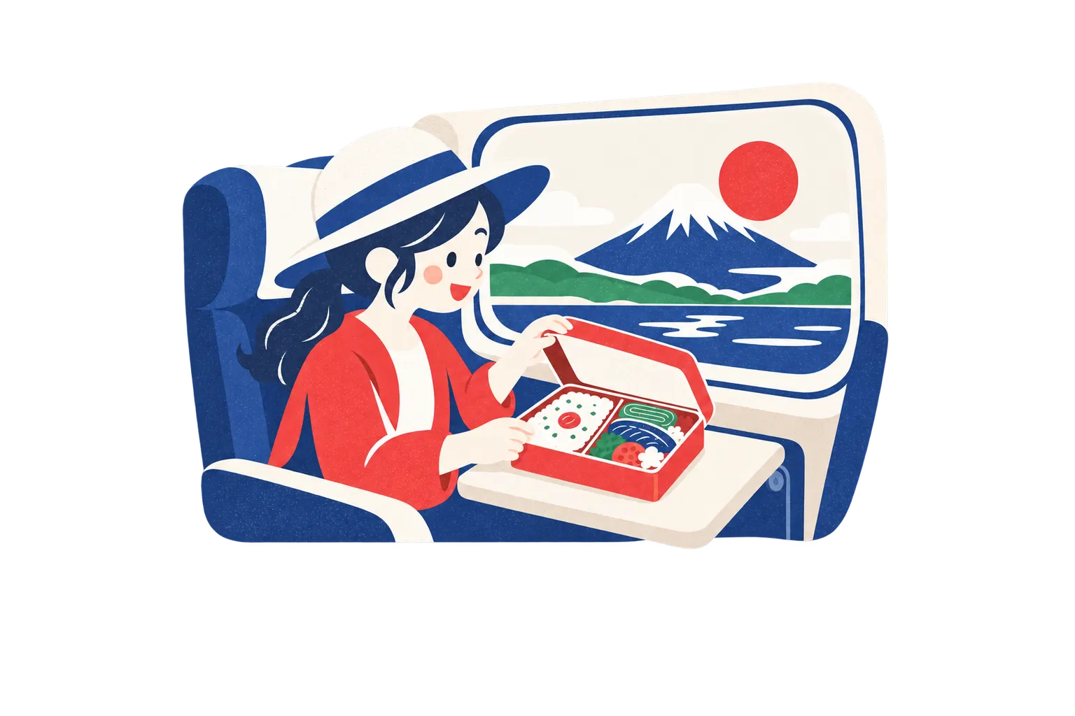 A traveler opening an ekiben at a shinkansen window seat with Mt. Fuji outside